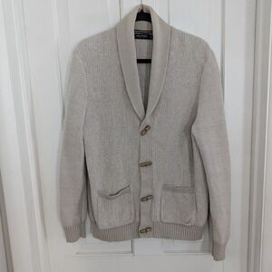 Nautica Preppy Fisherman Cardigan Sweater MEDIUM Toggle Shawl Collar Oatmeal Men